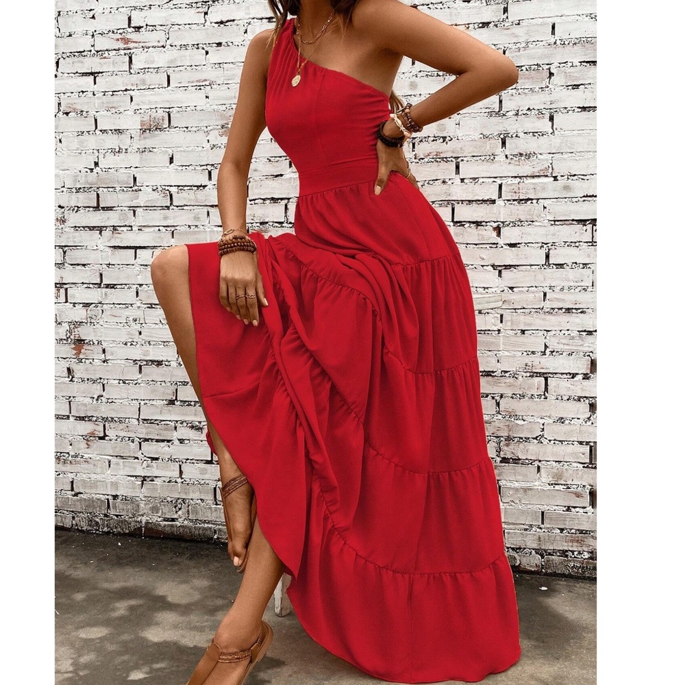 Vibrant One Shoulder Tie Back Stretchy Waist Maxi Dress - Picture 5 of 11